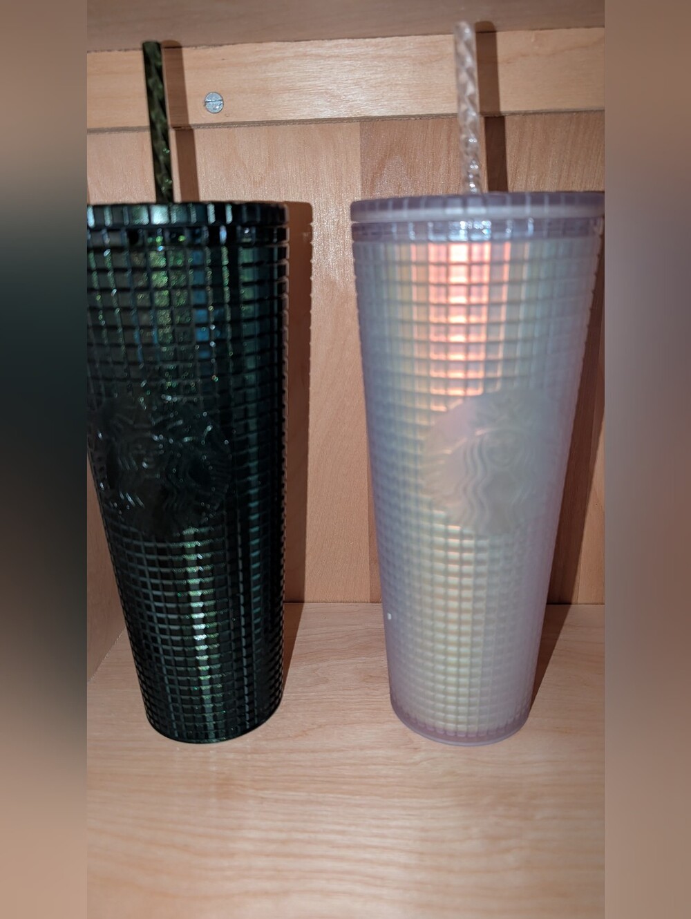 2 Starbucks Soft Touch White Frosted Pearl Iridescent And Green 24oz Tumblers